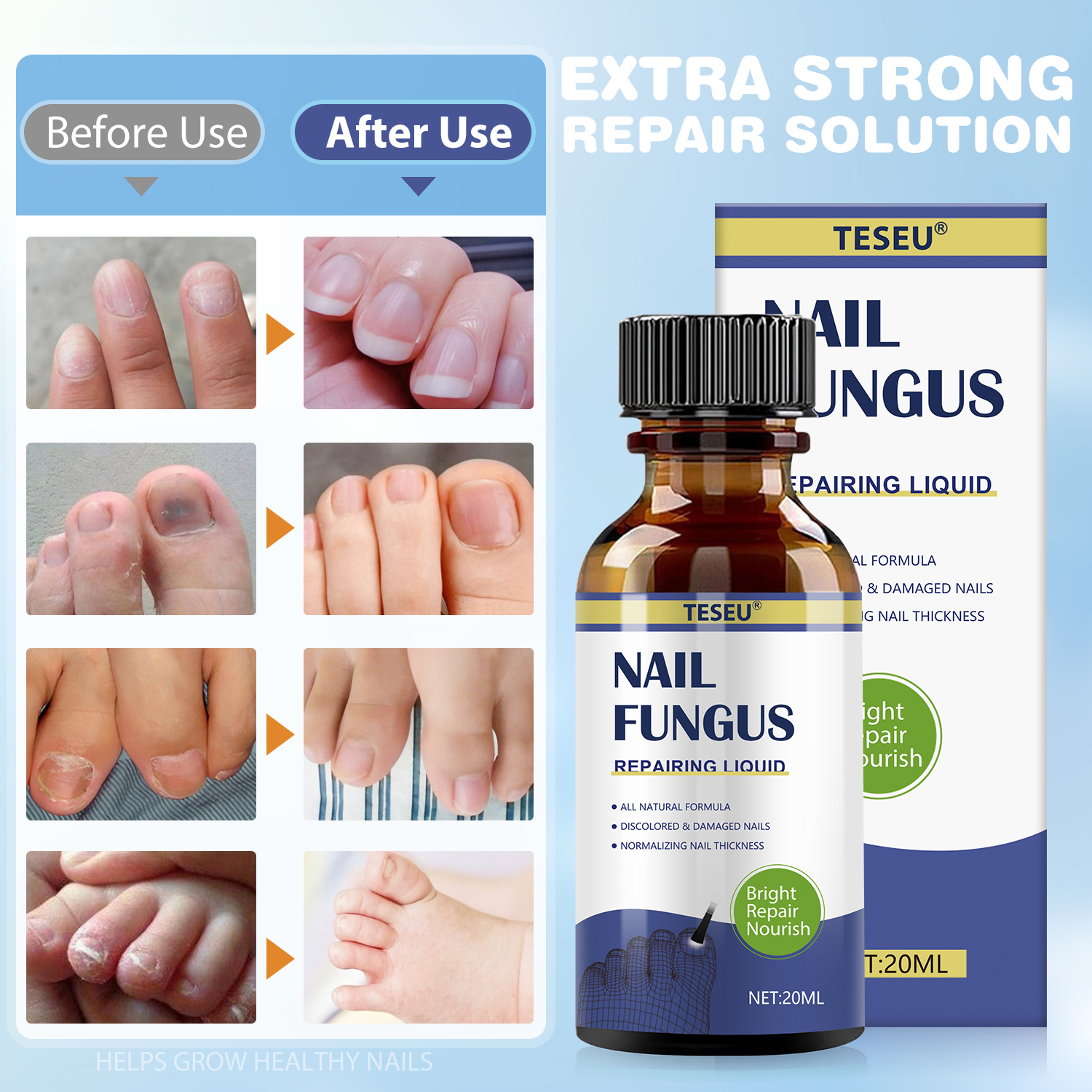 TESEU nail repair liquid advert with before and after clear nail shots