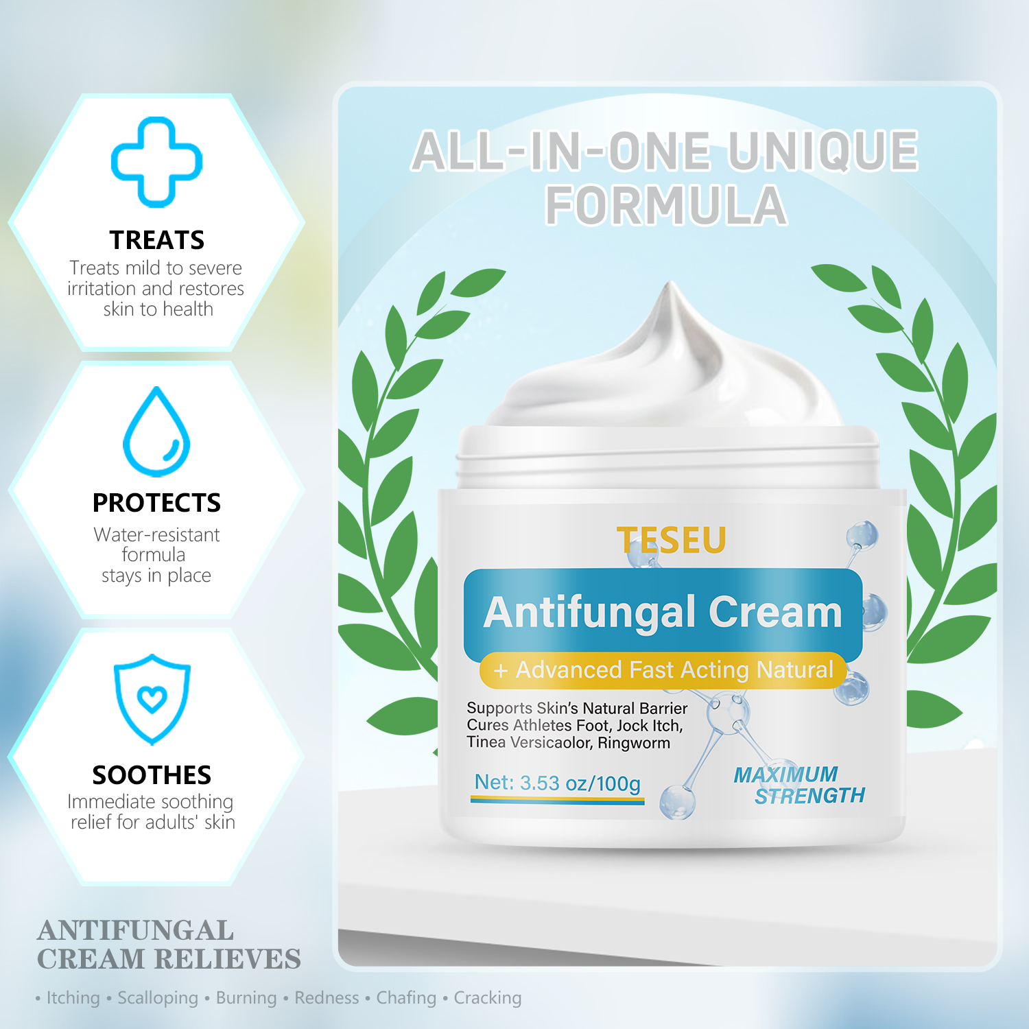 Infographic outlining three core functions of this all-in-one antifungal cream