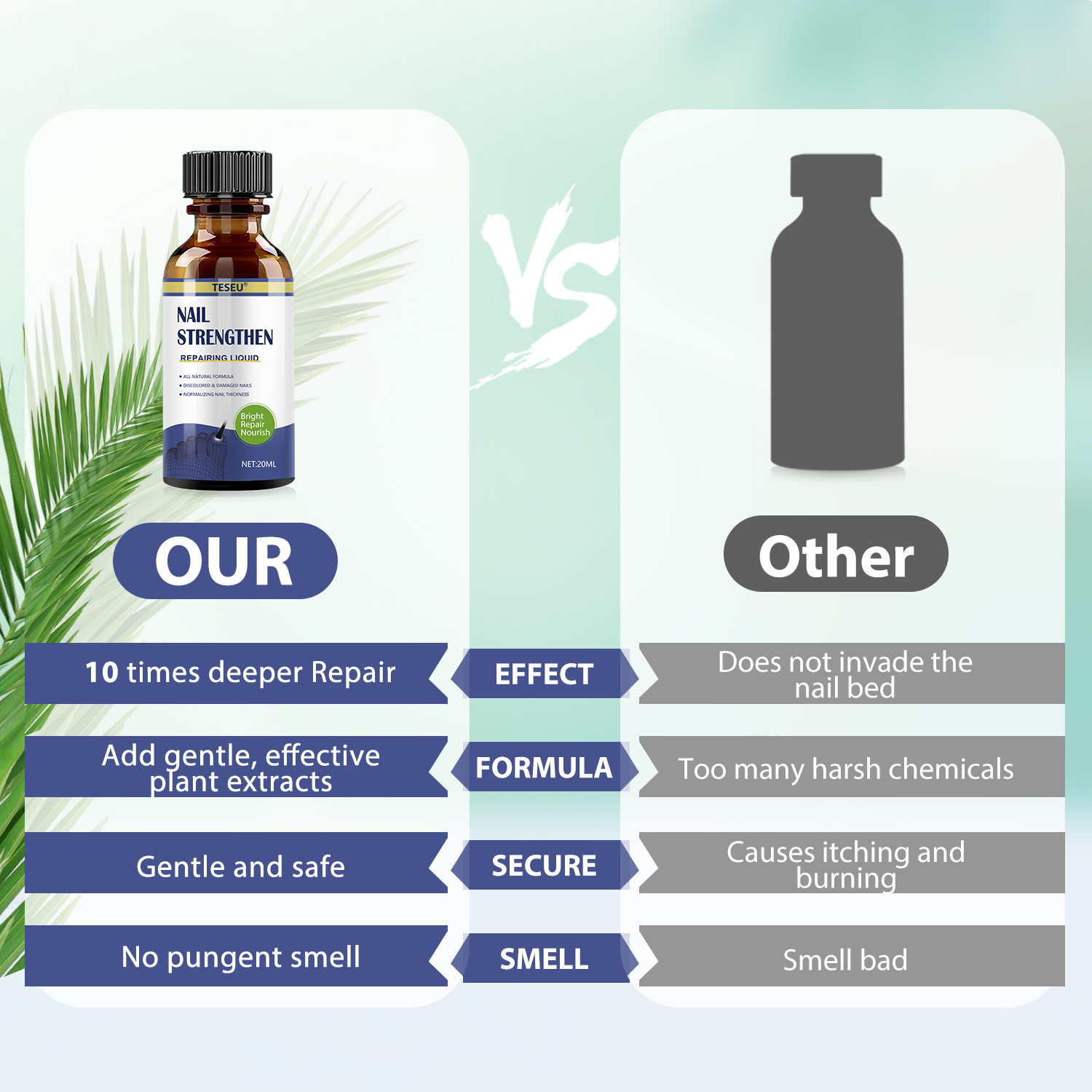 Comparison chart of TESEU nail repair liquid against generic rival products