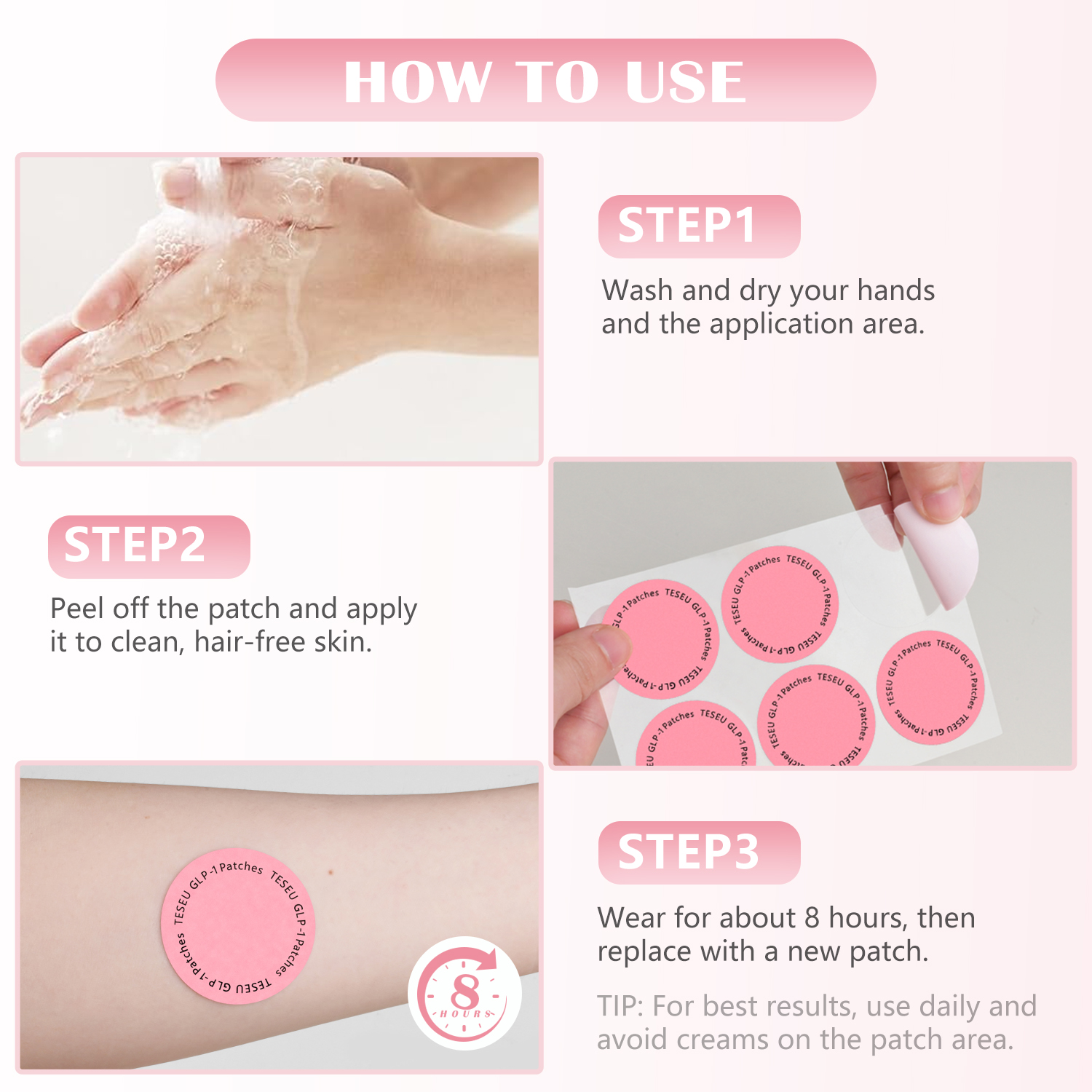 Three simple step-by-step guide showing how to use GLP-1 body patches