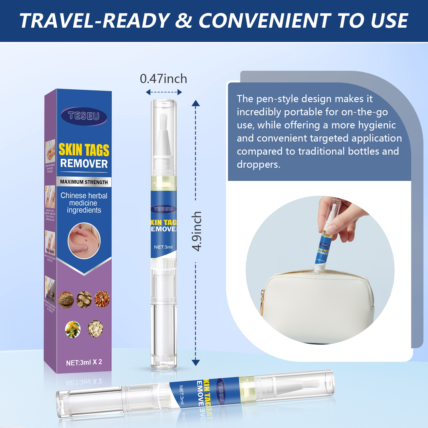 Portable TESEU skin tag remover pen size diagram, slim travel-friendly design