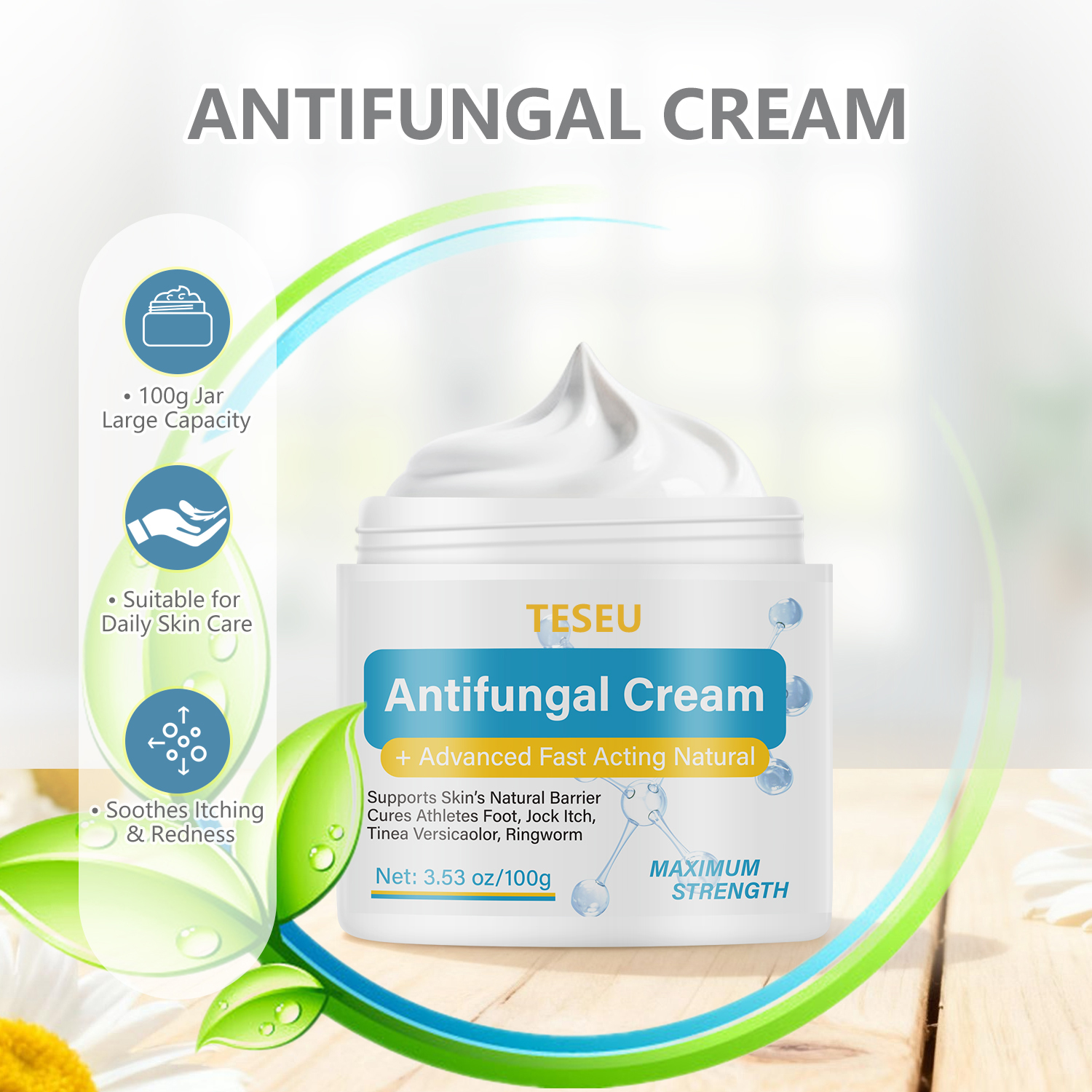 Highlights of the antifungal cream's large capacity and daily skincare suitability perks