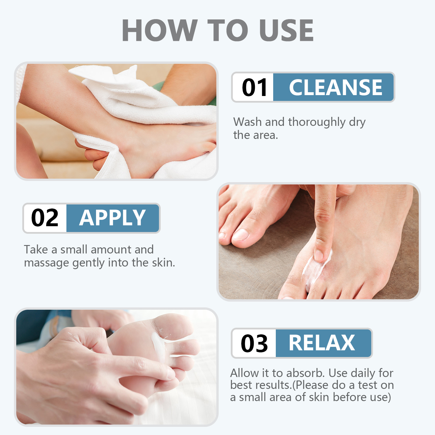 Three-step illustrated tutorial for correct antifungal cream application routine