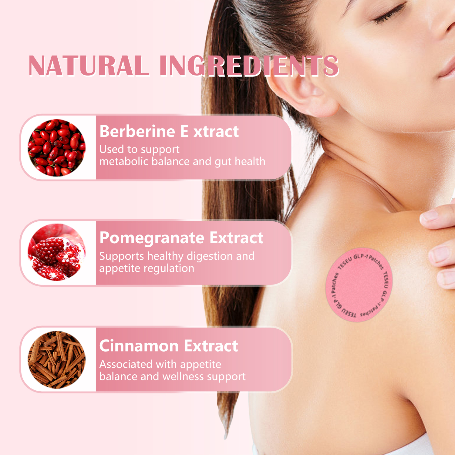 Infographic listing three natural plant extracts inside TESEU GLP-1 patches