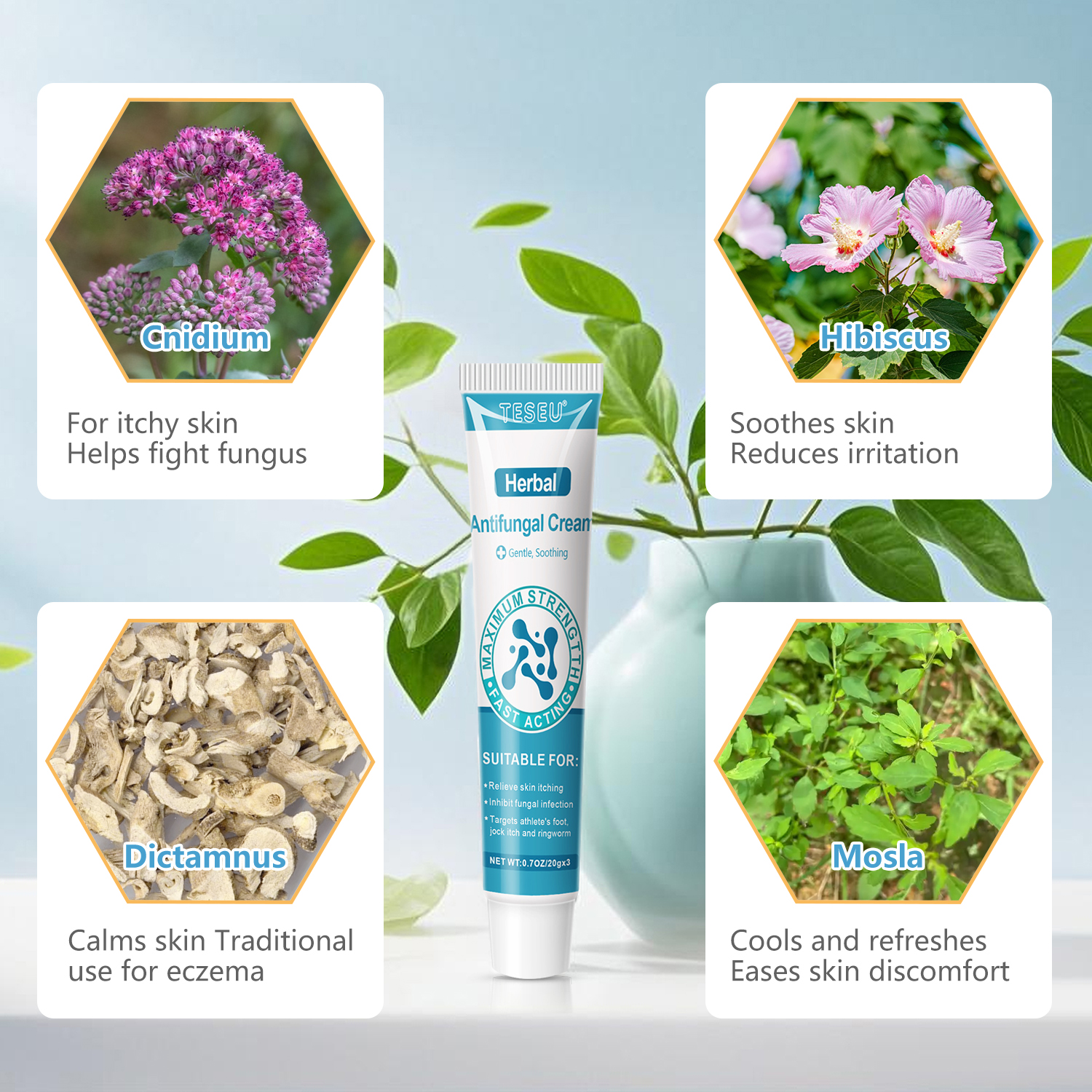 Four soothing natural herbal ingredients inside TESEU antifungal cream