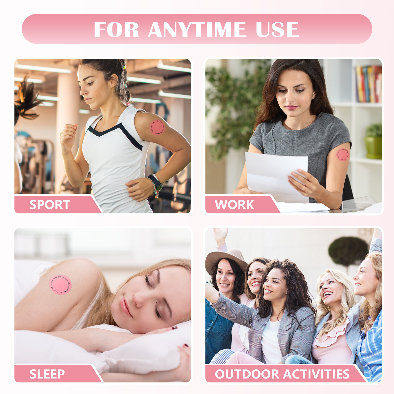 Four daily scenarios: sport, work, sleep, outdoor use for GLP-1 patches
