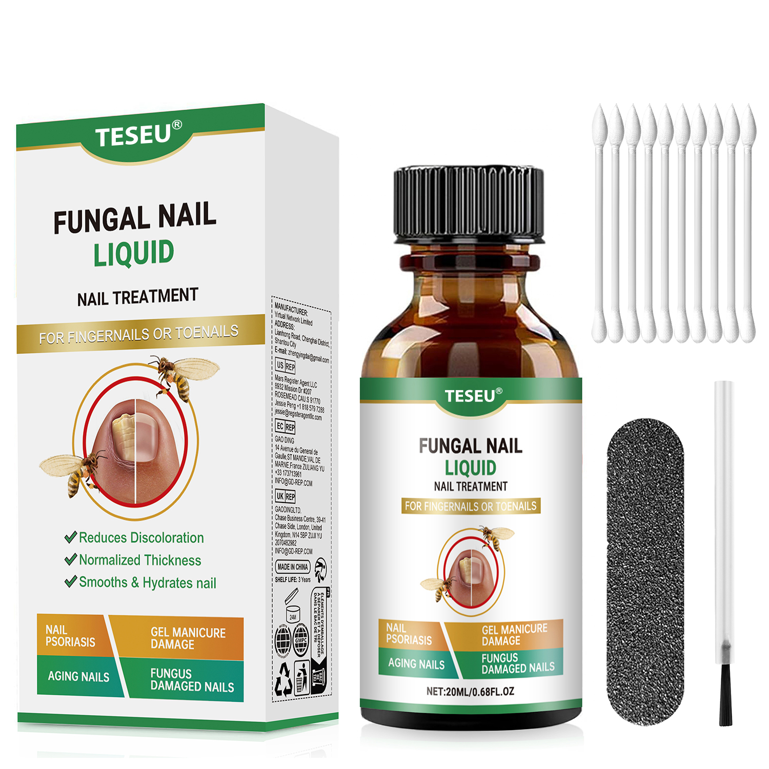 Complete TESEU fungal nail liquid kit with matching applicator tools