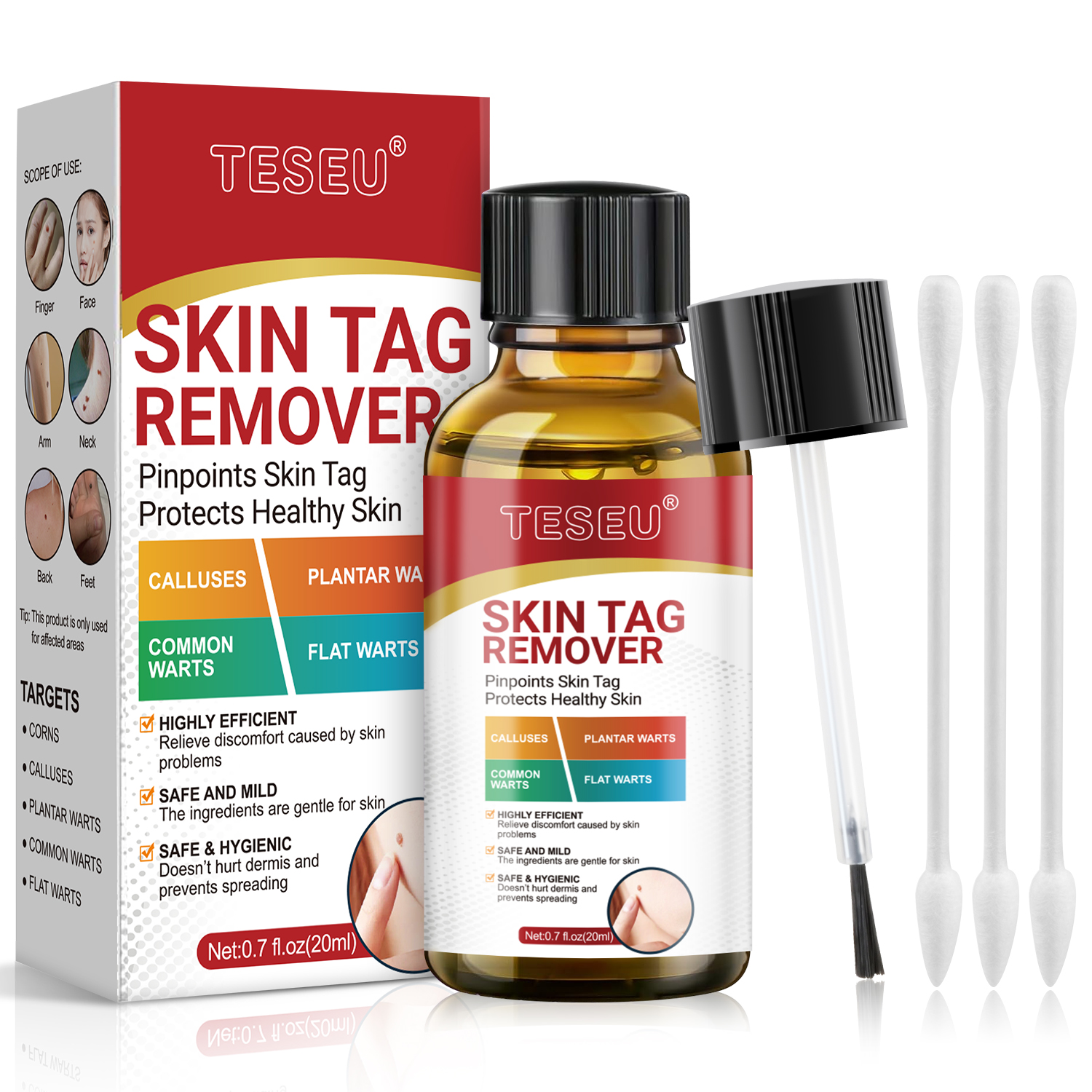 TESEU skin tag remover bottle, packaging box, applicator brush and cotton swabs