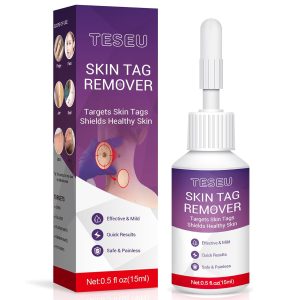 TESEU Skin Tag Remover bottle and purple retail box, gentle nature-powered serum on white background