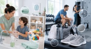 home handwashing & gym locker areas showing wart-prone shared personal items